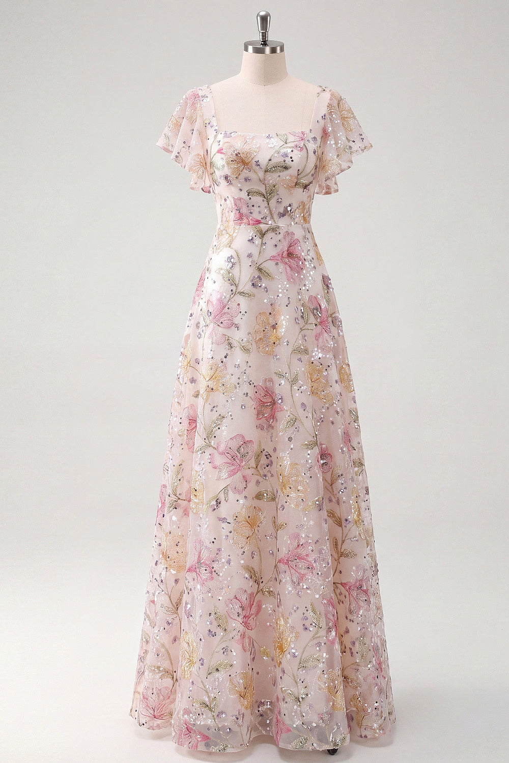 Pink Sequined Floral A Line Long Prom Dress with Sleeves