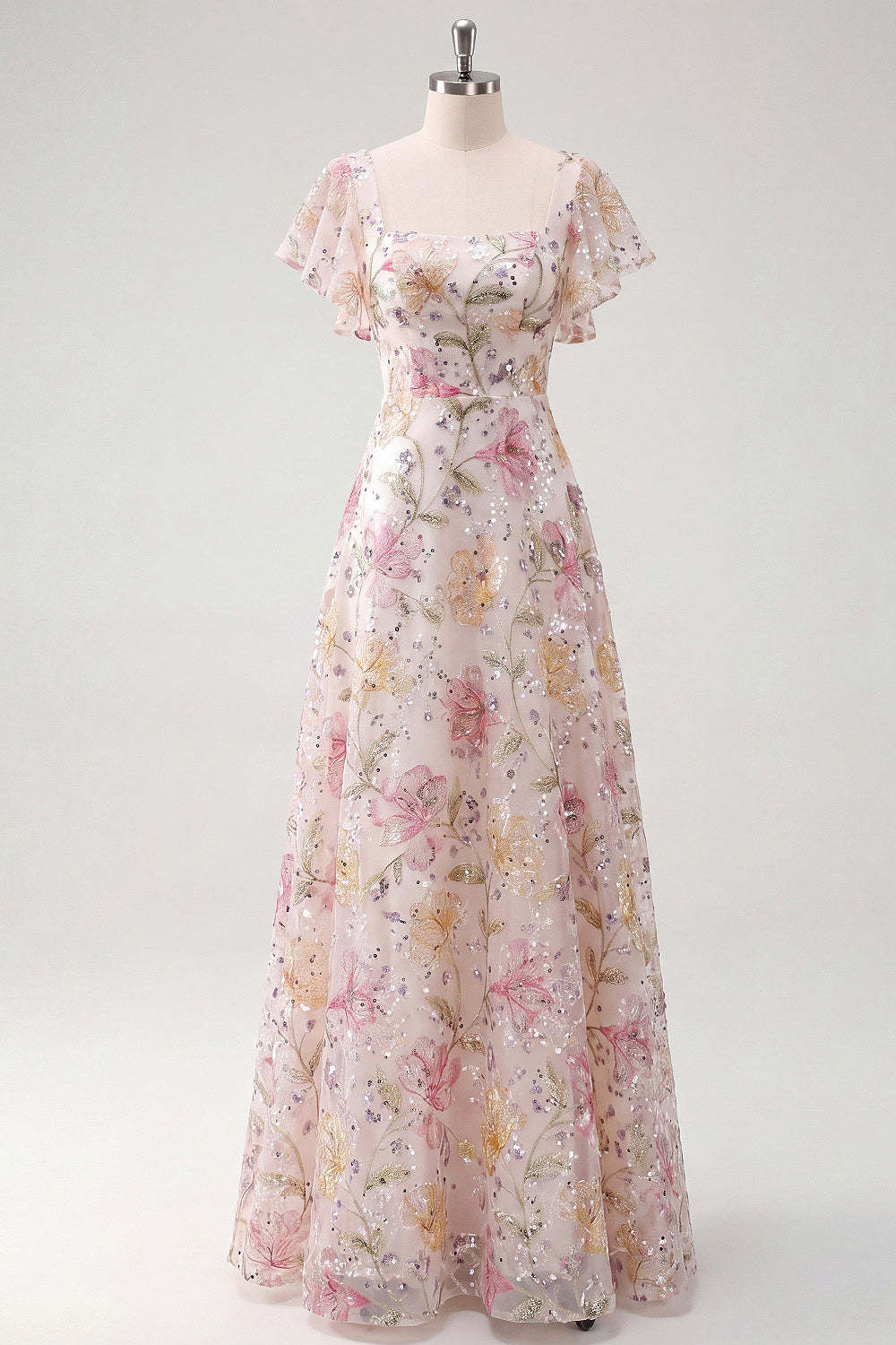 Pink Sequined Floral A Line Long Prom Dress with Sleeves