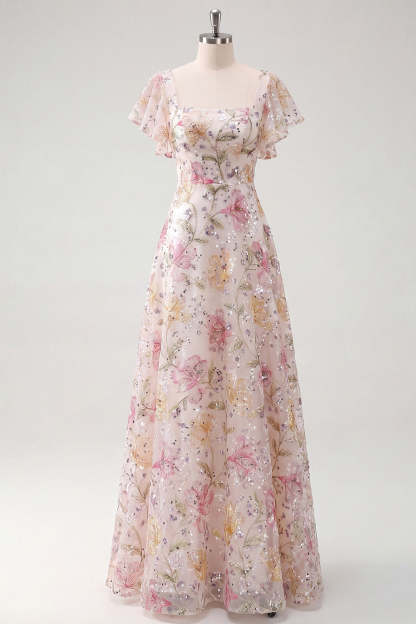 Pink Sequined Floral A Line Long Prom Dress with Sleeves