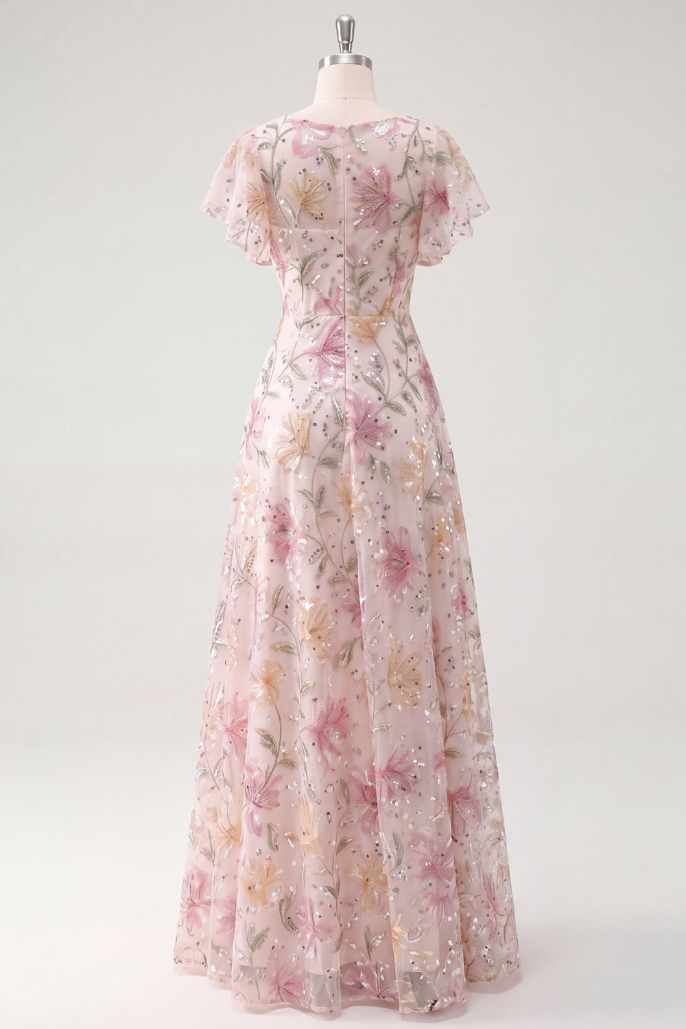 Pink Sequined Floral A Line Long Prom Dress with Sleeves