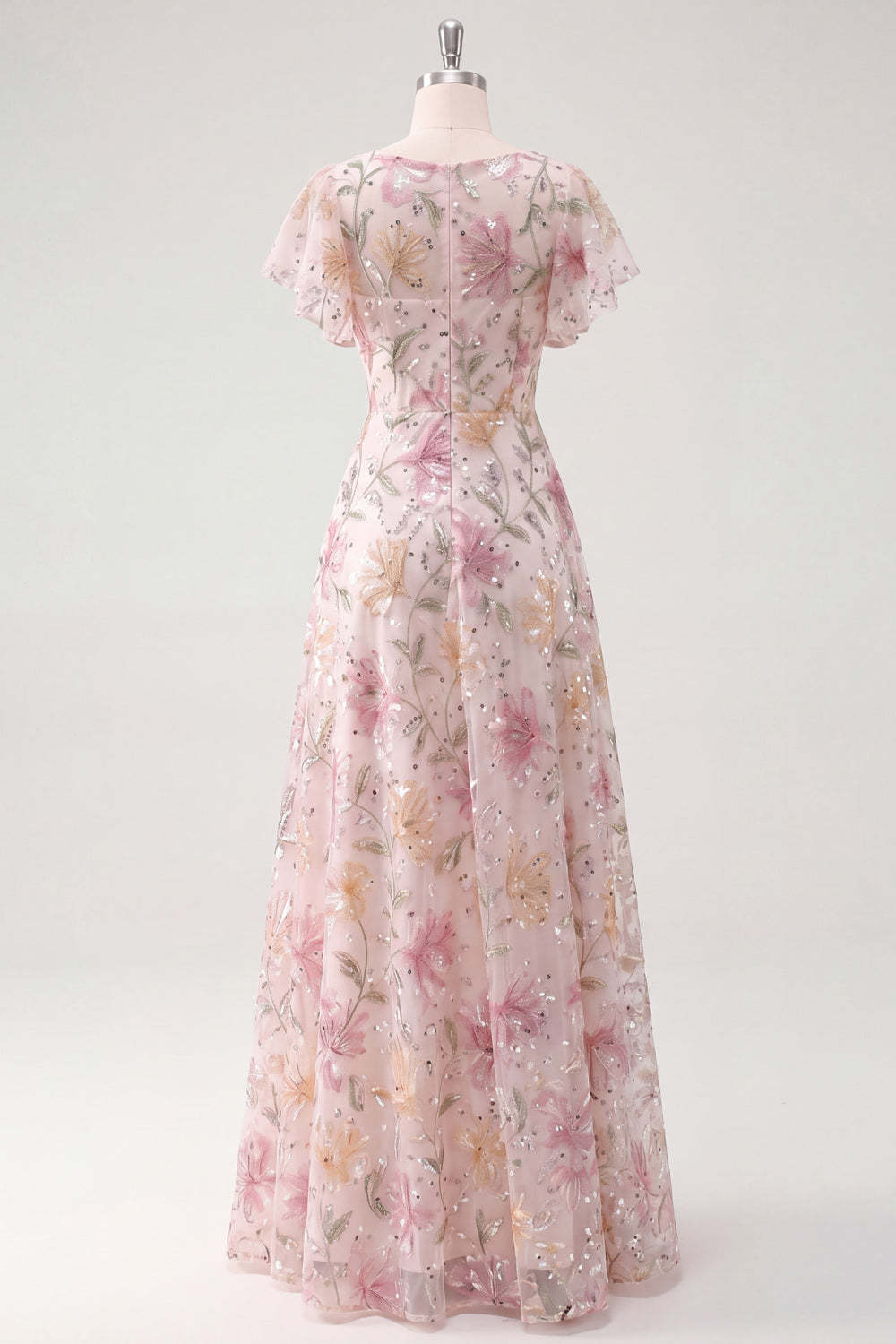 Pink Sequined Floral A Line Long Prom Dress with Sleeves