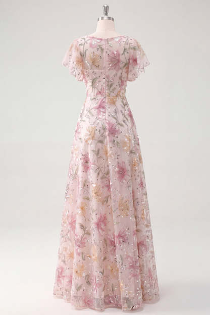 Pink Sequined Floral A Line Long Prom Dress with Sleeves