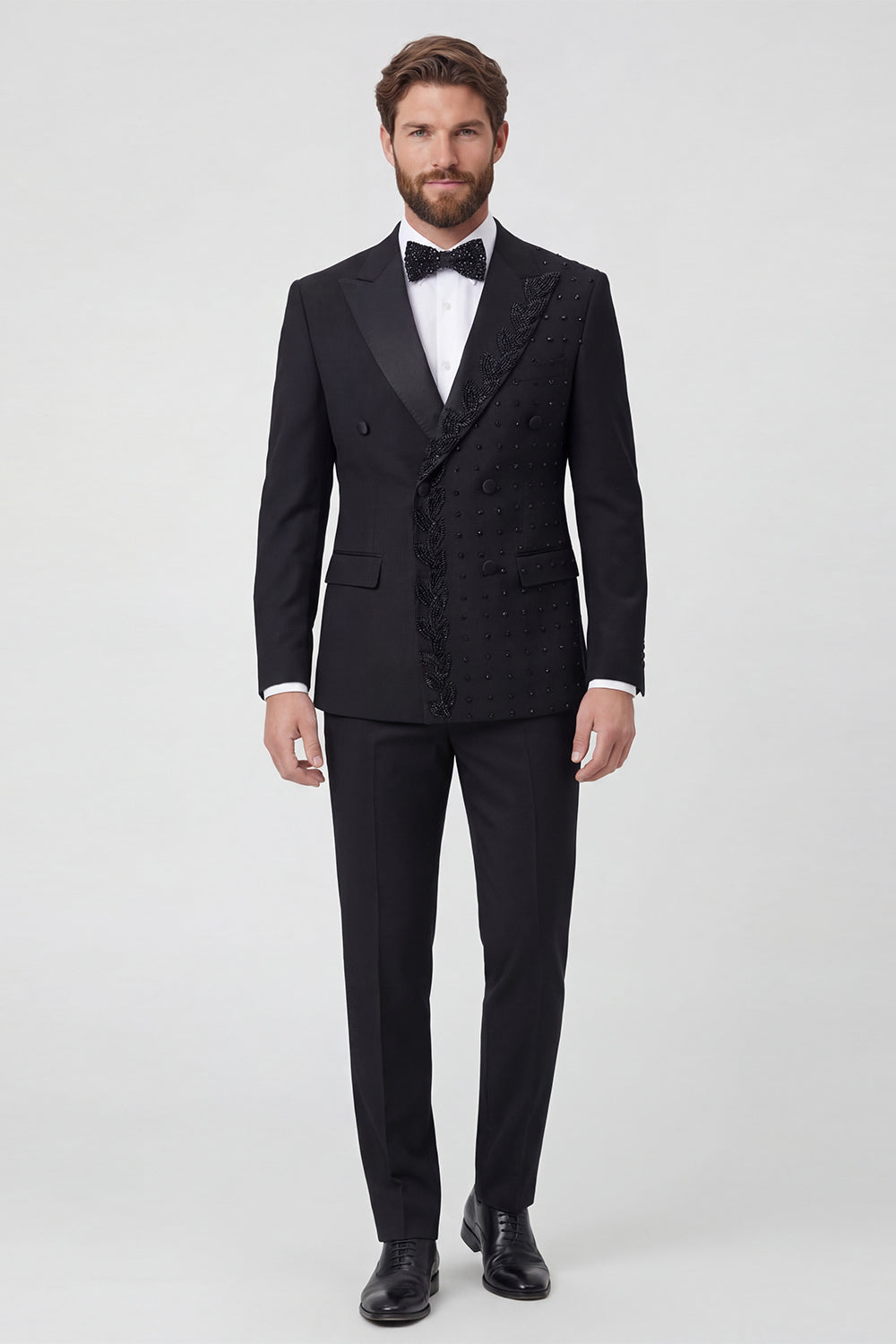 2 Piece Double Breasted Black Peak Lapel Men's Prom Suits with Beading
