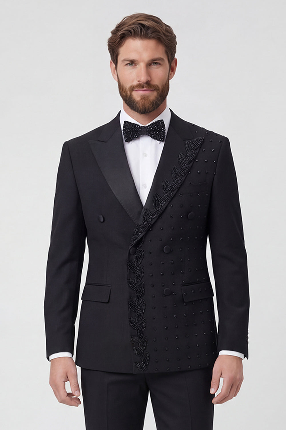 2 Piece Double Breasted Black Peak Lapel Men's Prom Suits with Beading