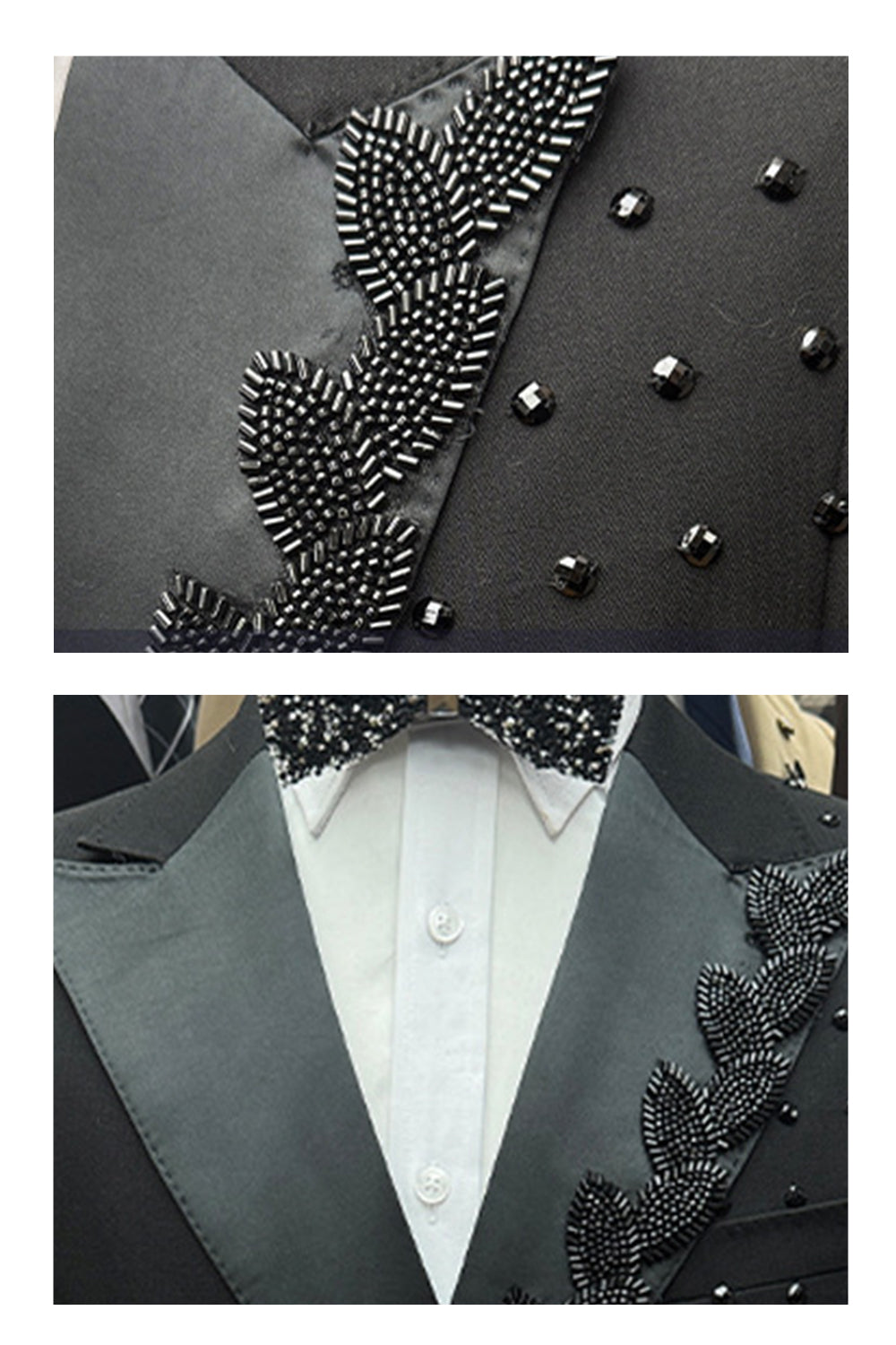 2 Piece Double Breasted Black Peak Lapel Men's Prom Suits with Beading