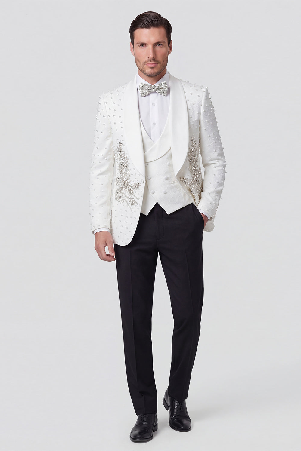 Shawl Lapel One Button White Men's Wedding Suits with Beading