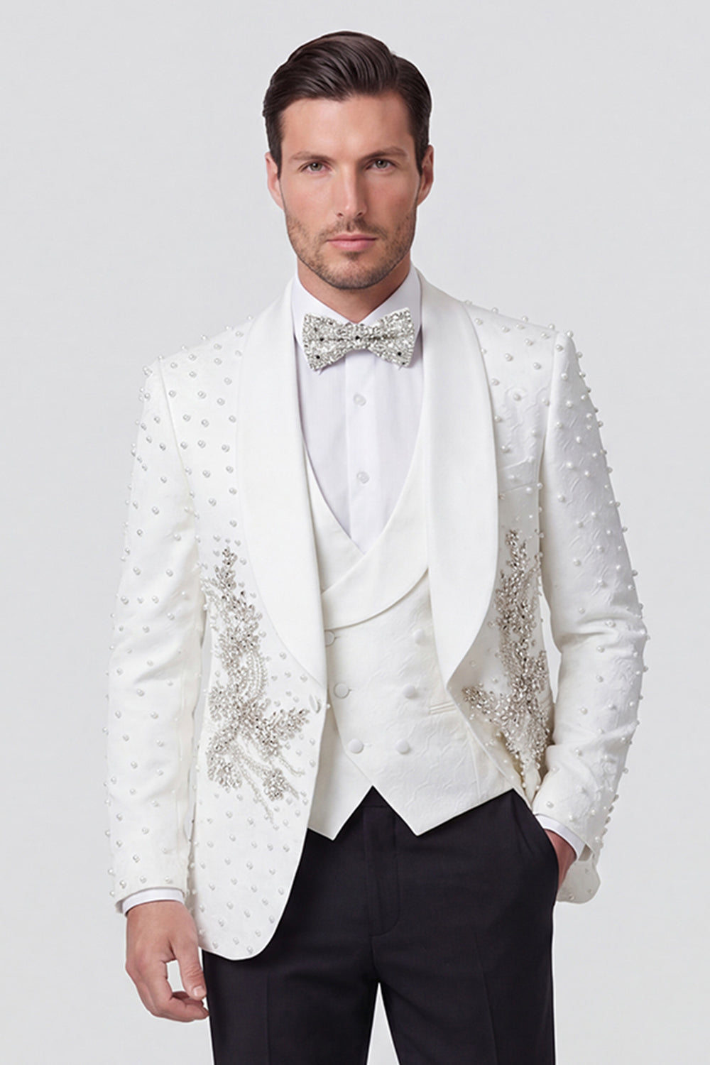 Shawl Lapel One Button White Men's Wedding Suits with Beading