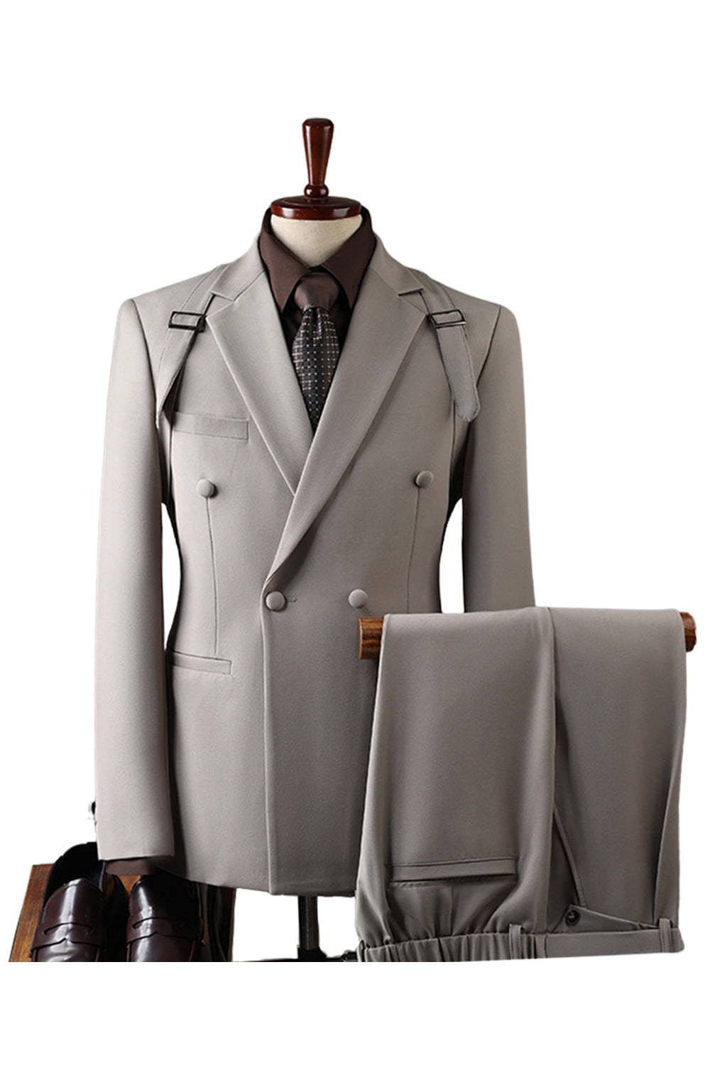 Grey Notch Lapel 2 Piece Double Breasted Men's Prom Suits