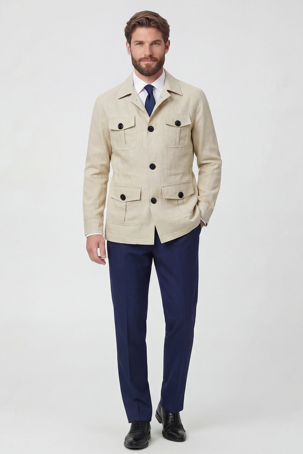 Leely Men Beige Notch Lapel Single Breasted Jacket