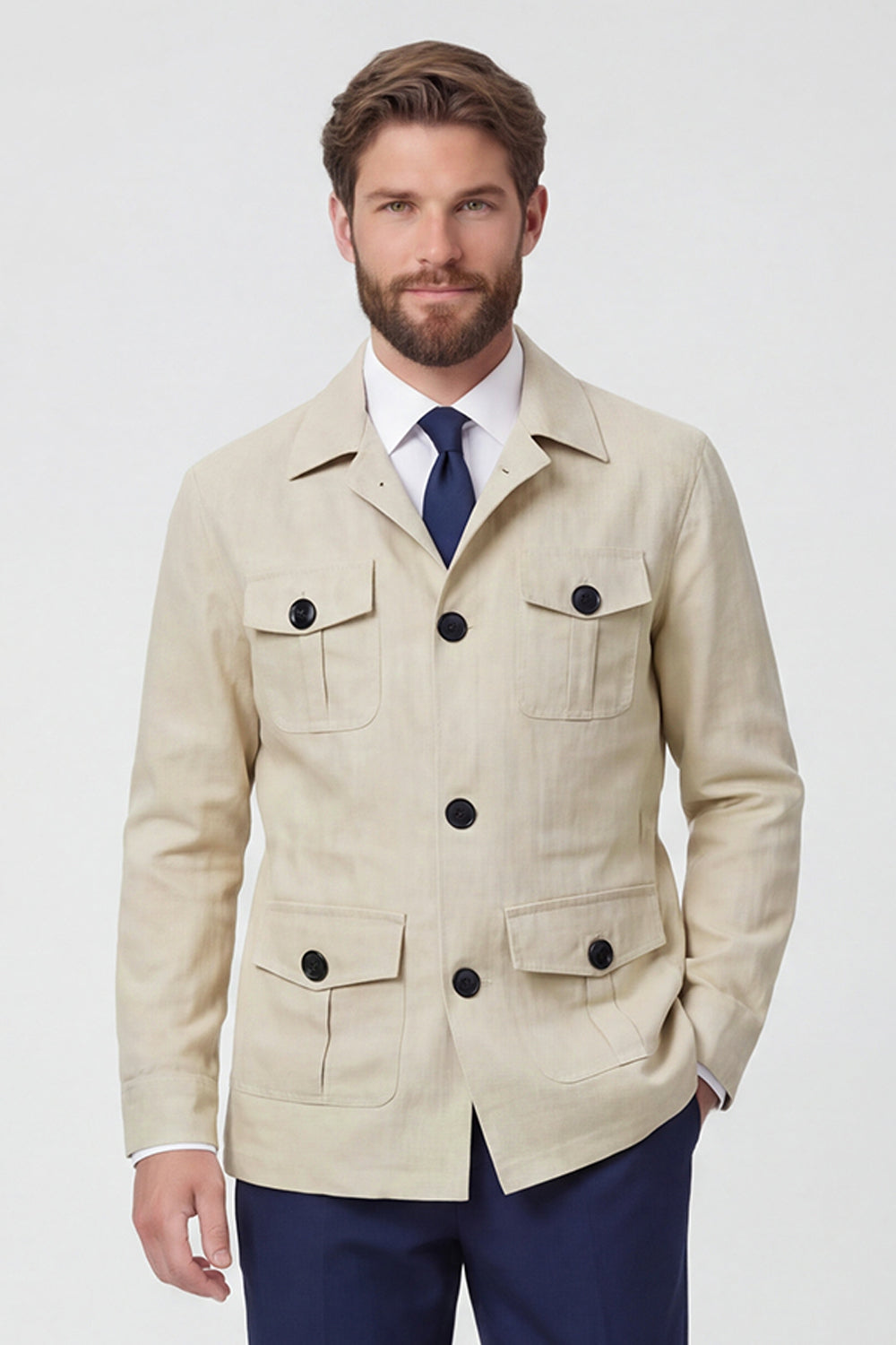 Beige Notch Lapel Single Breasted Men's Jacket with Pockets