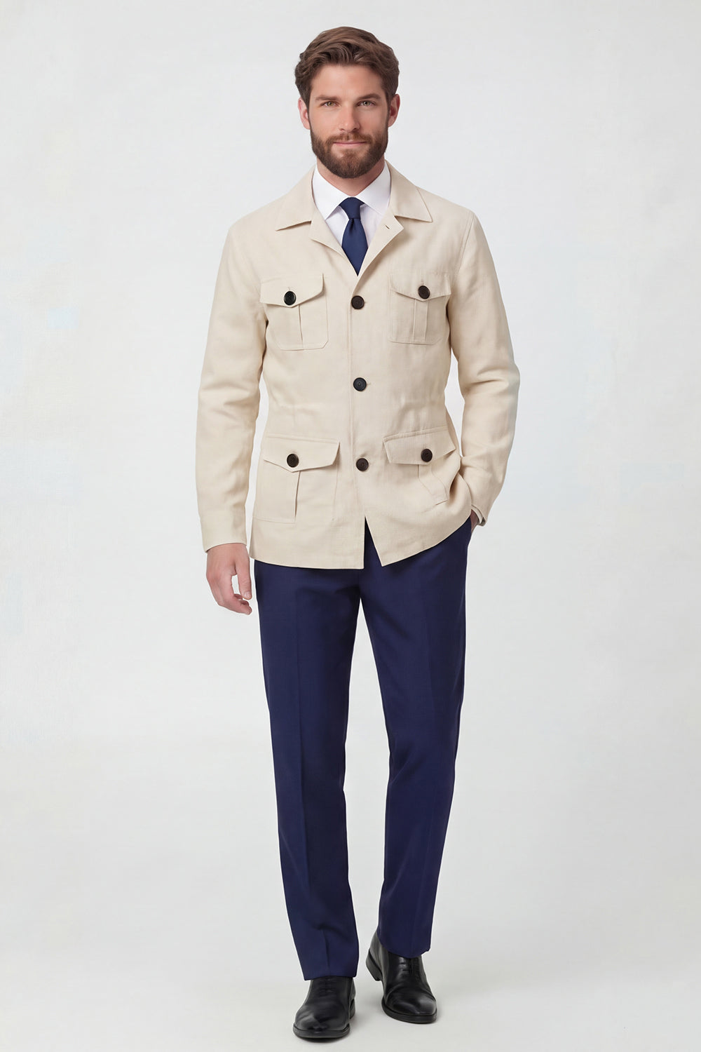 Beige Notch Lapel Single Breasted Men's Jacket with Pockets
