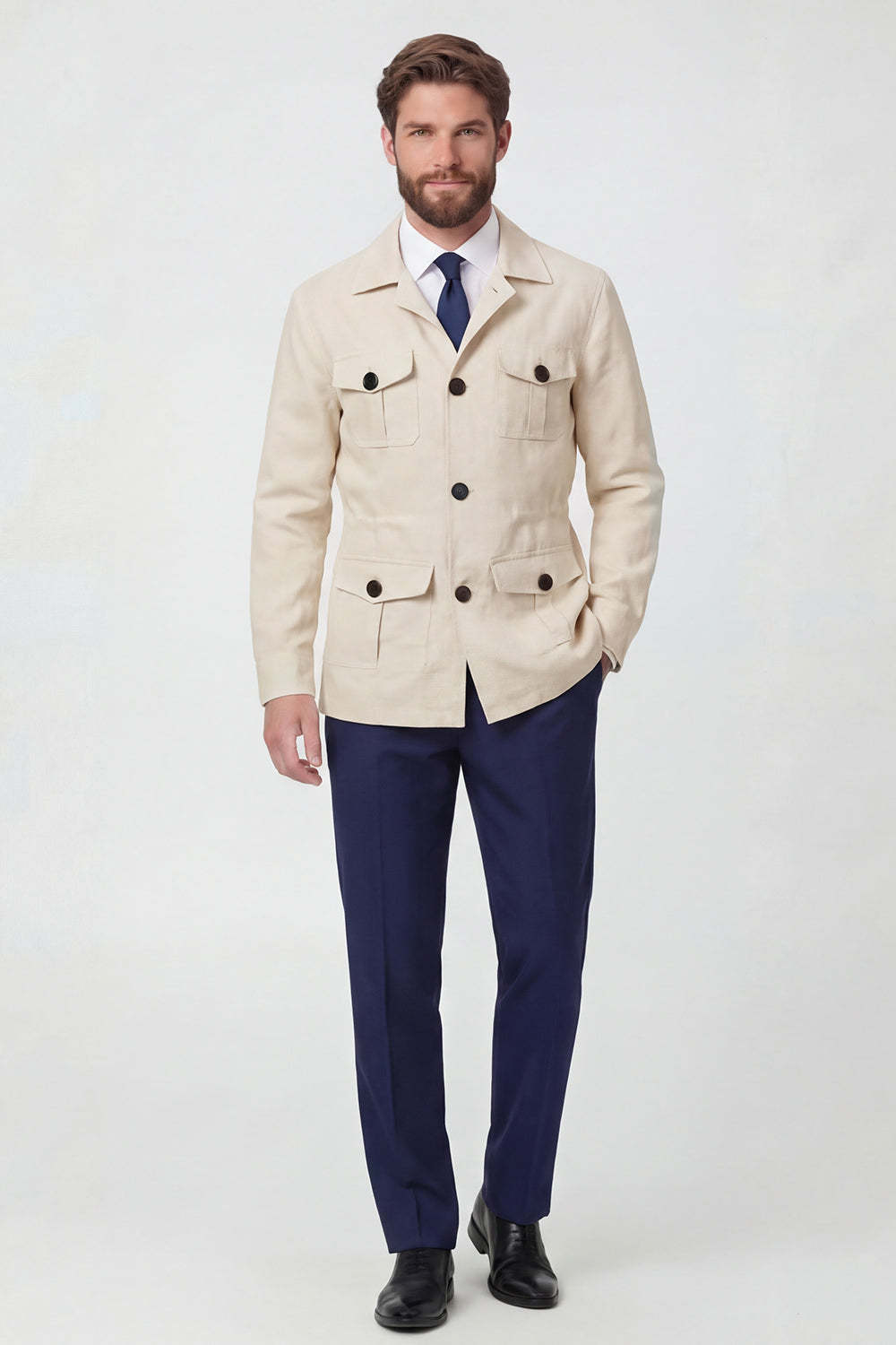 Beige Notch Lapel Single Breasted Men's Jacket with Pockets