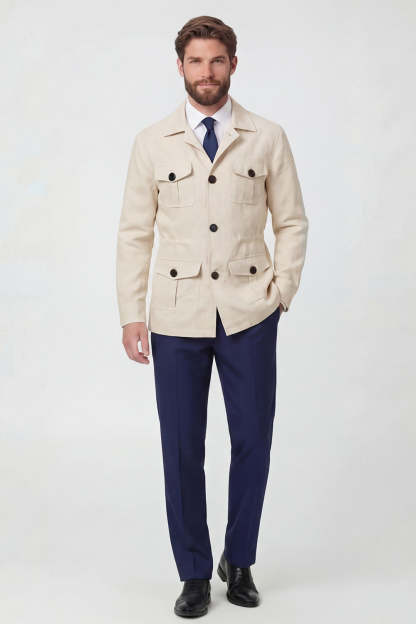 Beige Notch Lapel Single Breasted Men's Jacket with Pockets
