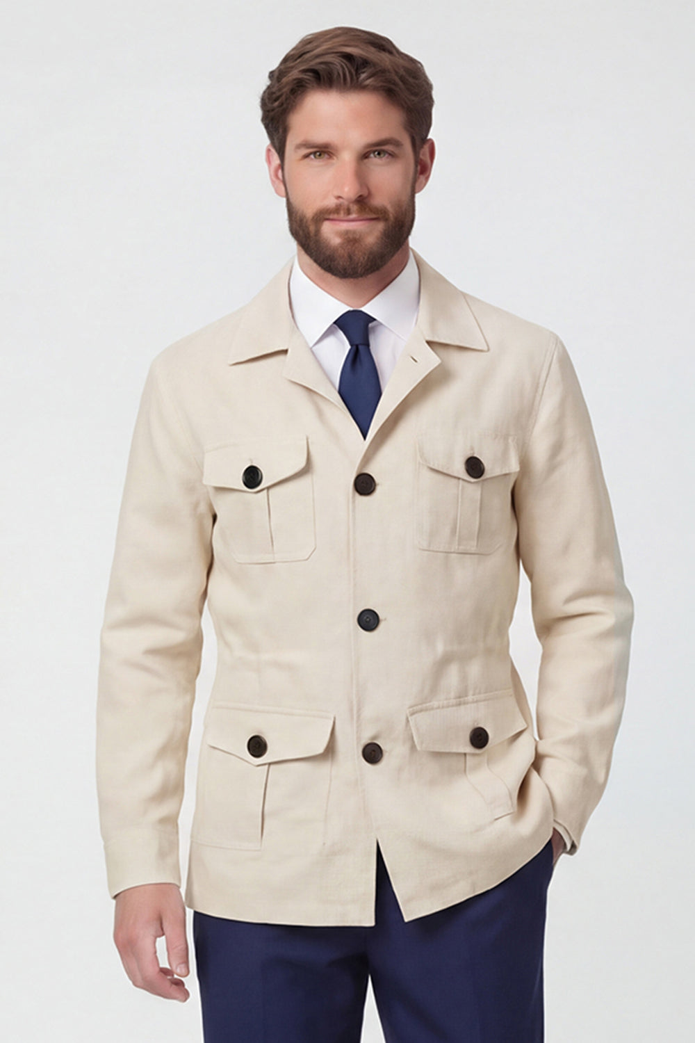 Beige Notch Lapel Single Breasted Men's Jacket with Pockets