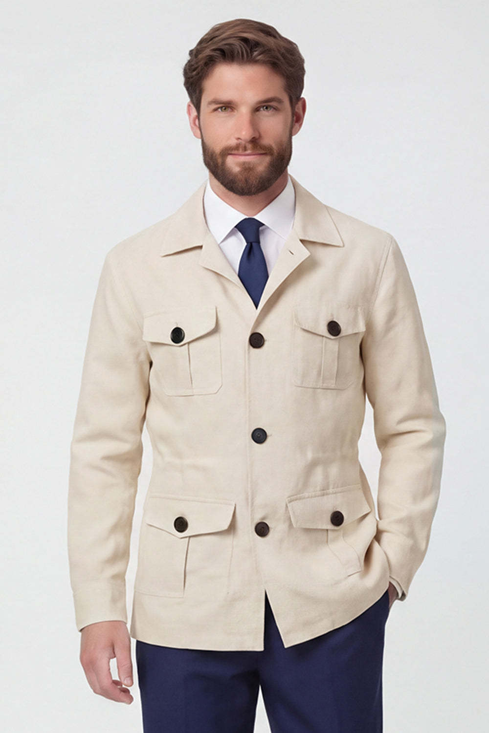Beige Notch Lapel Single Breasted Men's Jacket with Pockets