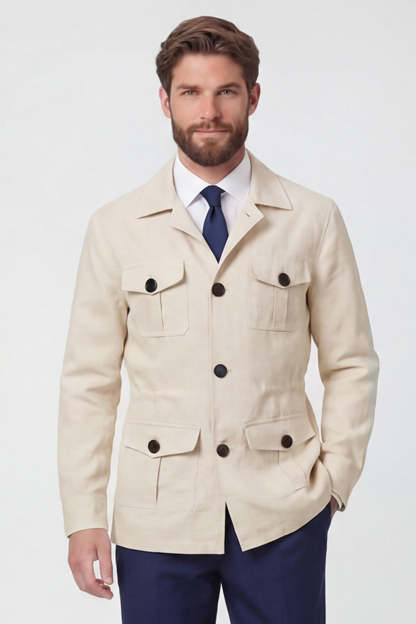 Beige Notch Lapel Single Breasted Men's Jacket with Pockets