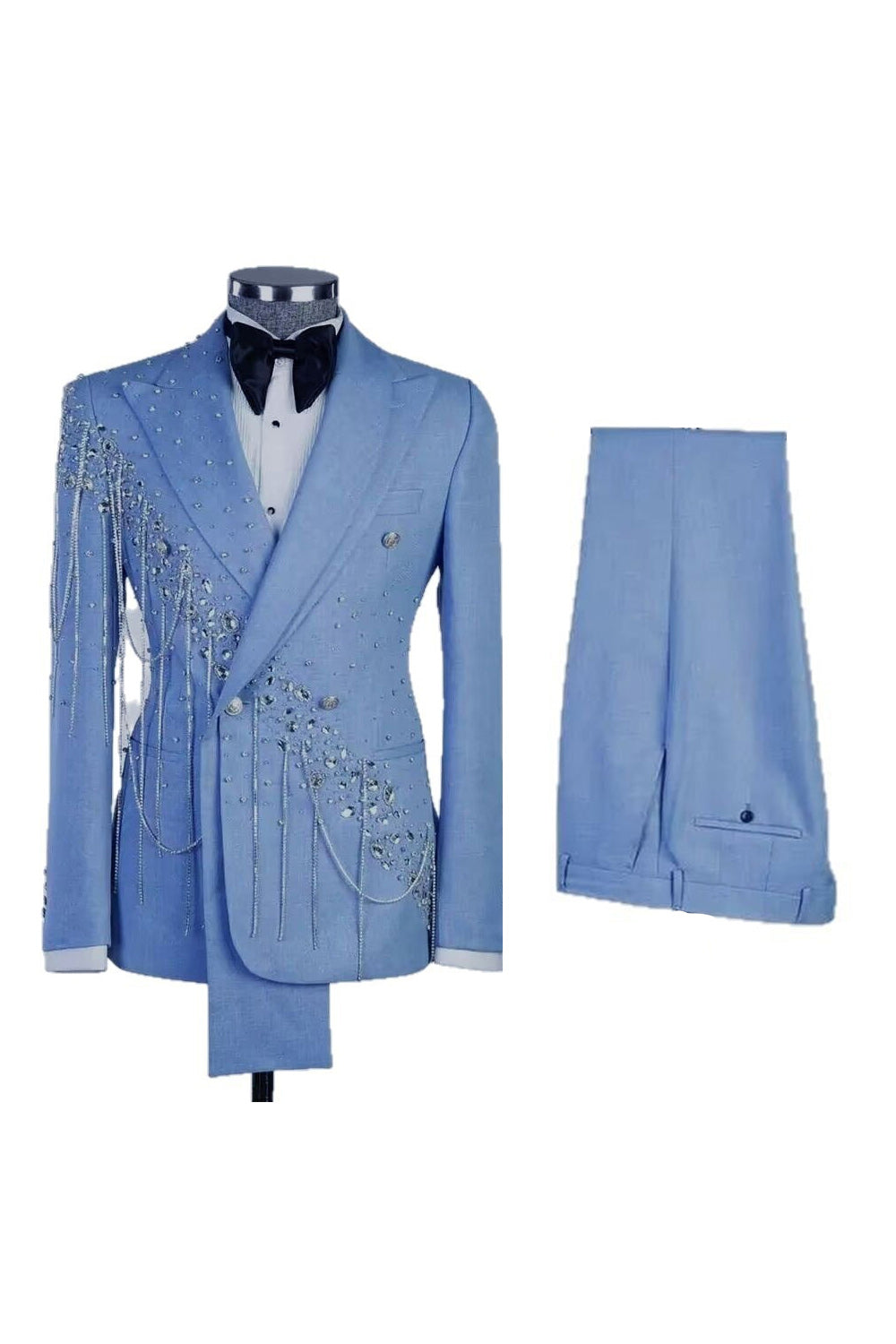 Leely Men Light Blue Prom Suits Shawl Lapel 2 Piece Double Breasted Formal Suits with Beading
