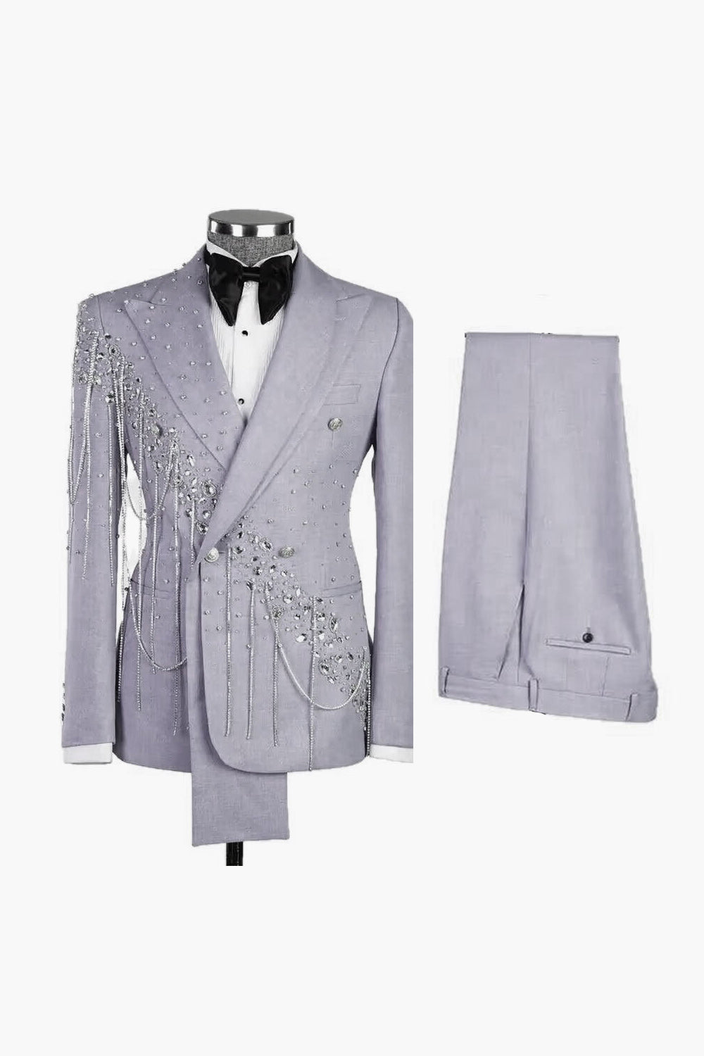 Light Blue Shawl Lapel 2 Piece Double Breasted Men's Prom Suits with Beading