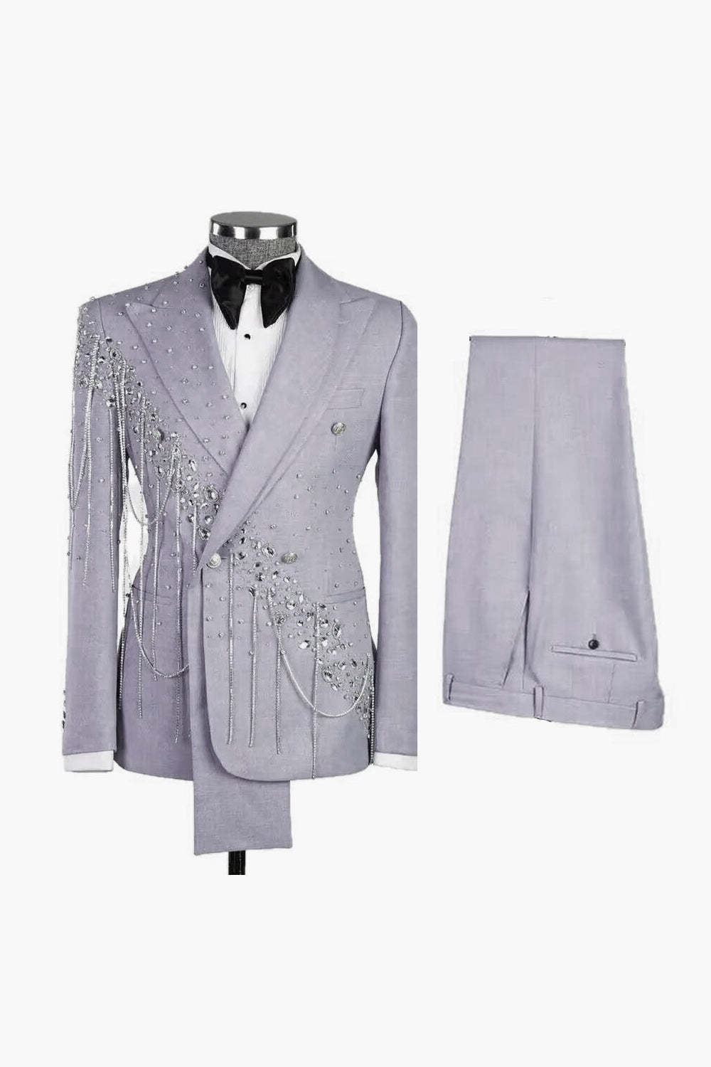 Light Blue Shawl Lapel 2 Piece Double Breasted Men's Prom Suits with Beading