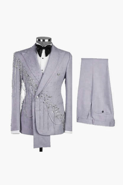 Light Blue Shawl Lapel 2 Piece Double Breasted Men's Prom Suits with Beading