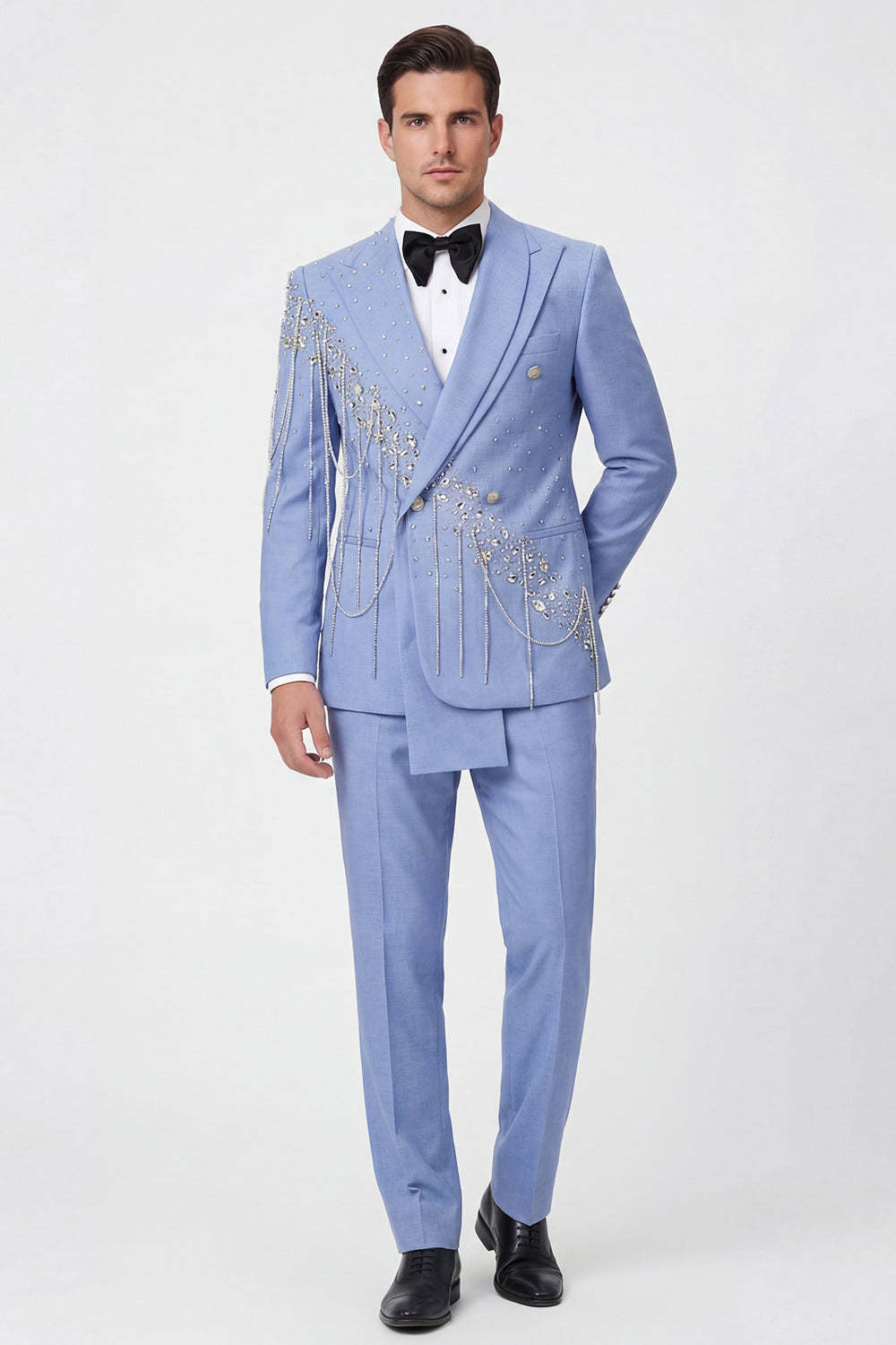 Light Blue Shawl Lapel 2 Piece Double Breasted Men's Prom Suits with Beading