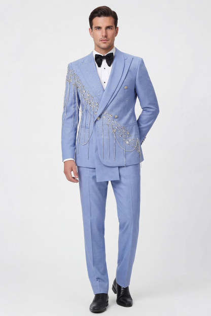Light Blue Shawl Lapel 2 Piece Double Breasted Men's Prom Suits with Beading