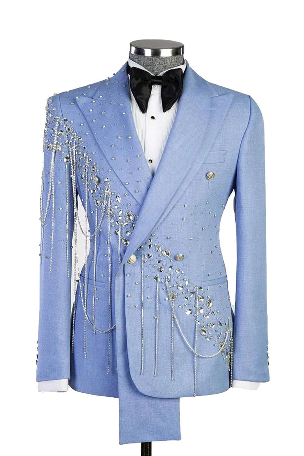 Light Blue Shawl Lapel 2 Piece Double Breasted Men's Prom Suits with Beading