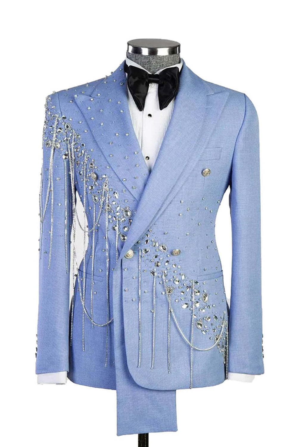Light Blue Shawl Lapel 2 Piece Double Breasted Men's Prom Suits with Beading