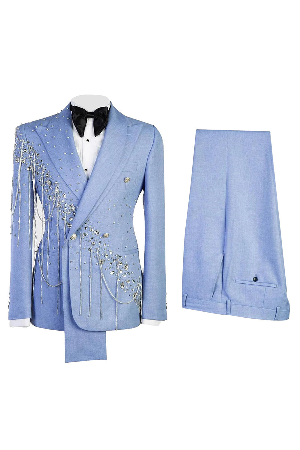 Light Blue Shawl Lapel 2 Piece Double Breasted Men's Prom Suits with Beading