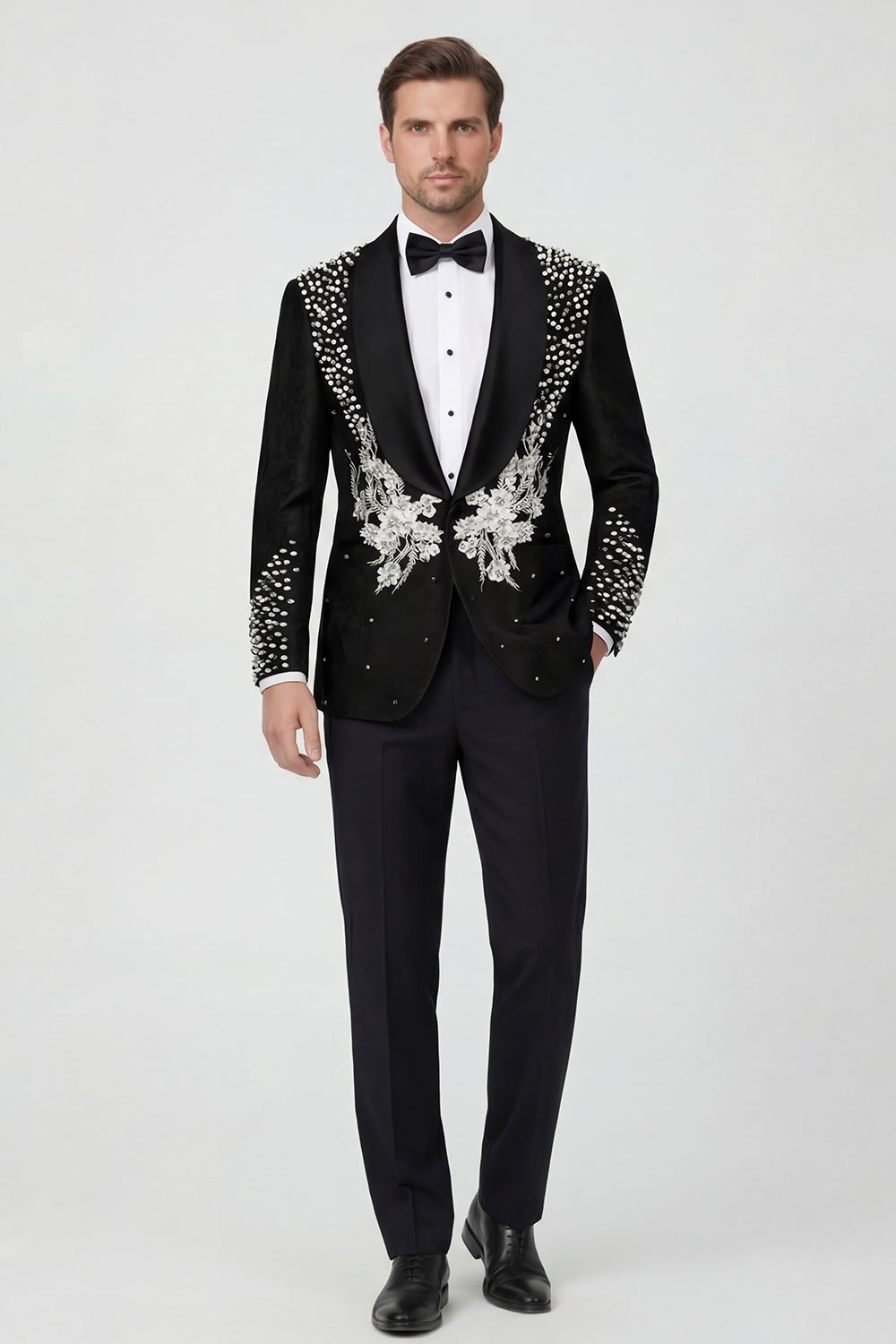 One Button Beaded 2 Piece Black Shawl Lapel Men's Wedding Suits
