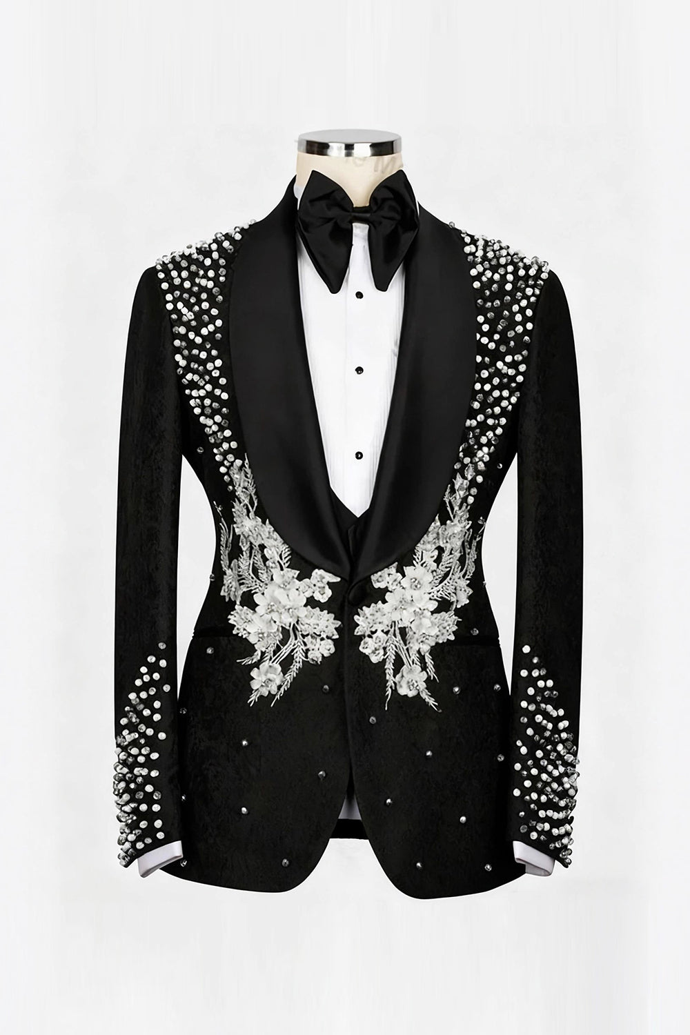 One Button Beaded 2 Piece Black Shawl Lapel Men's Wedding Suits