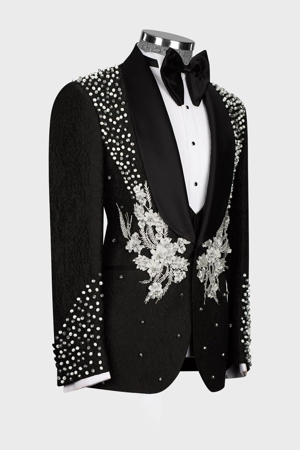 One Button Beaded 2 Piece Black Shawl Lapel Men's Wedding Suits