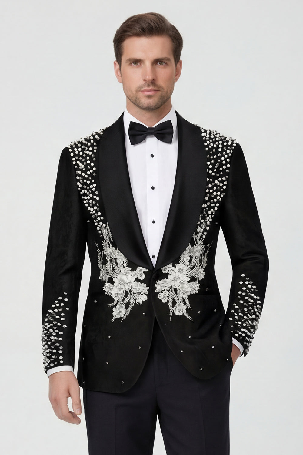 One Button Beaded 2 Piece Black Shawl Lapel Men's Wedding Suits