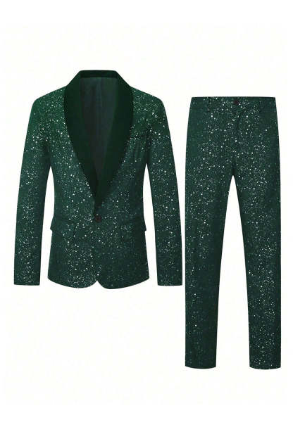 Leely Men Black Men's Suits One Button 2 Piece Shawl Lapel Glitter Men's Party Suits