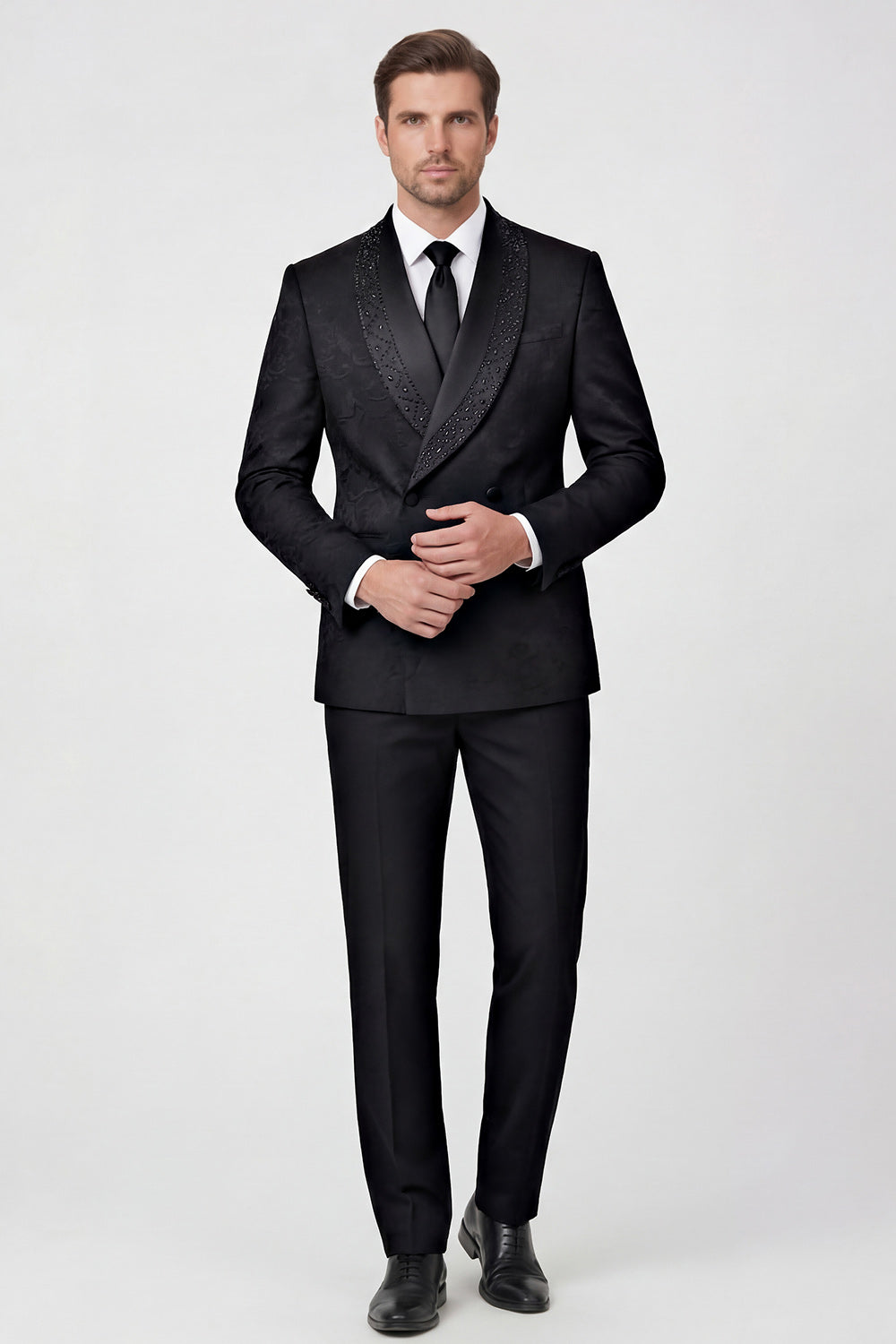 One Button Jacquard Black 2 Piece Shawl Lapel Men's Prom Suits with Beading