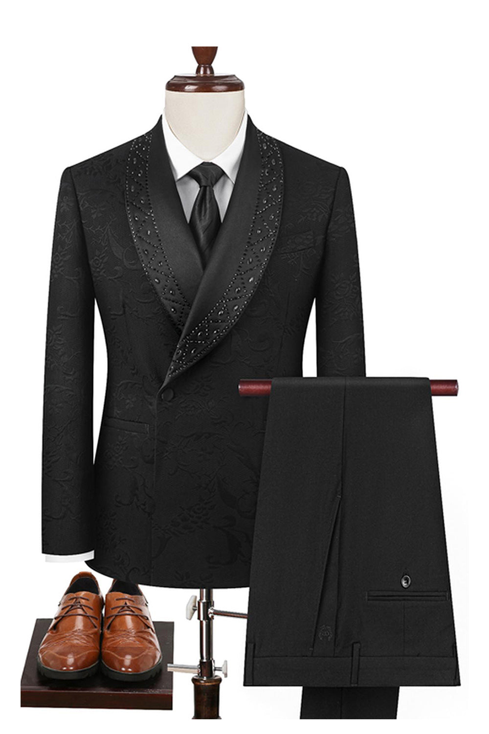 One Button Jacquard Black 2 Piece Shawl Lapel Men's Prom Suits with Beading