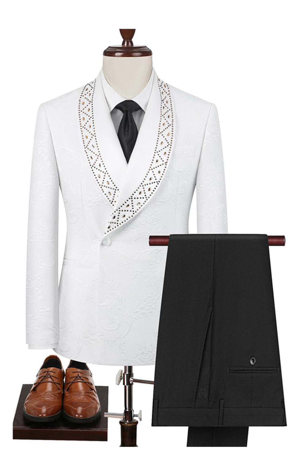 Leely Men One Button Jacquard Black Men's Prom Suits 2 Piece Shawl ...