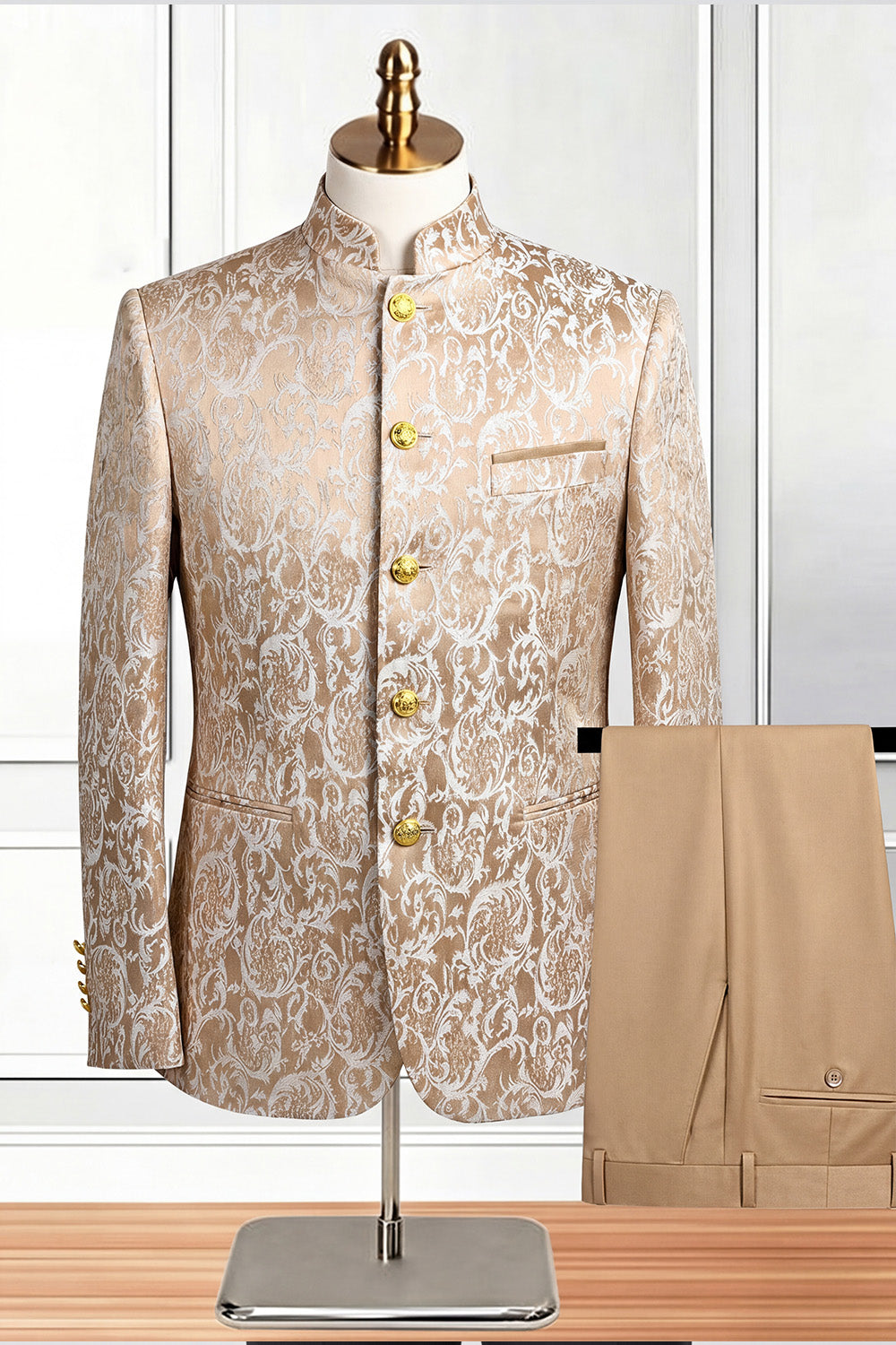 2 Piece Gold Single Breasted Printed Men's Suits