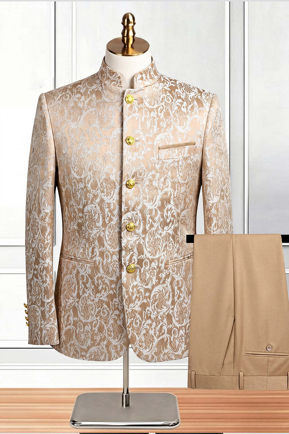 2 Piece Gold Single Breasted Printed Men's Suits