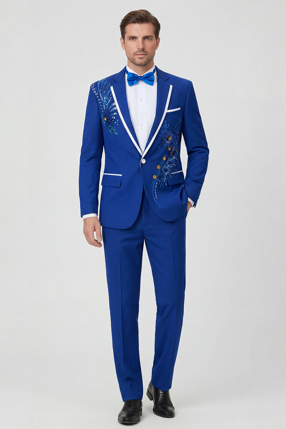 Blue Notch Lapel Beaded Men's One Button Prom Suits