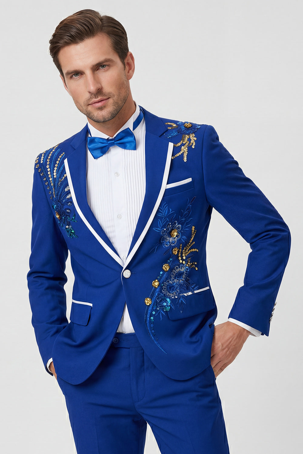 Blue Notch Lapel Beaded Men's One Button Prom Suits
