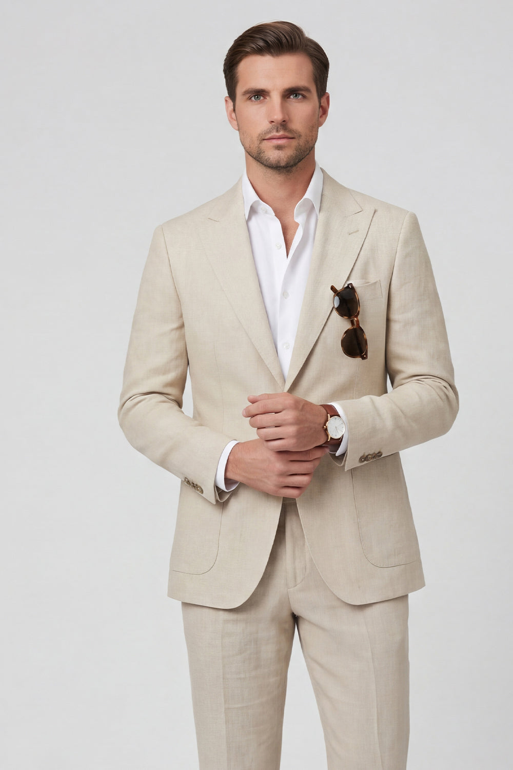 Sky Blue Peak Lapel 2 Piece Linen Blend Men's Wedding Suits with Pockets