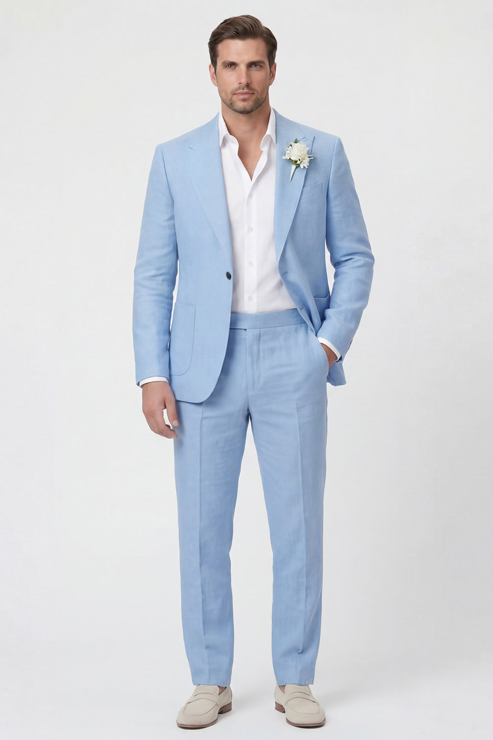 Leely Men Sky Blue Wedding Suits Peak Lapel 2 Piece Linen Blend One Button Men's Suits