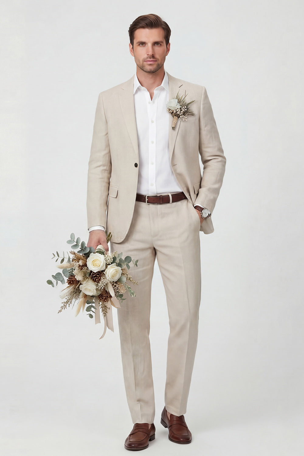 Notch Lapel Beige One Button 2 Piece Men's Wedding Suits with Pockets