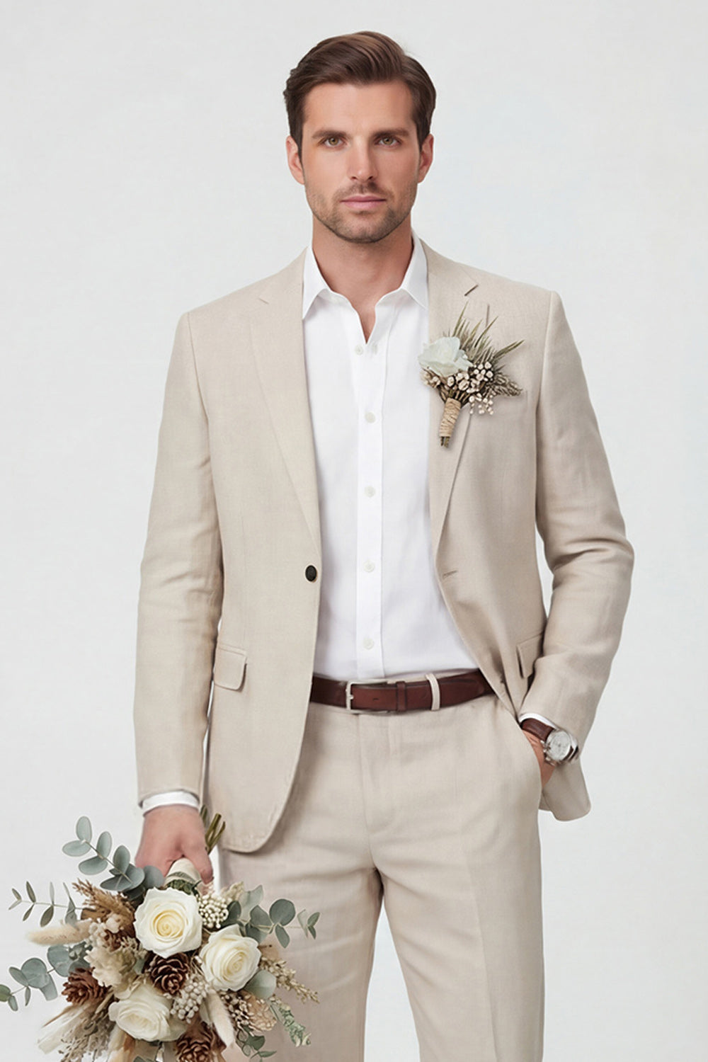 Notch Lapel Beige One Button 2 Piece Men's Wedding Suits with Pockets