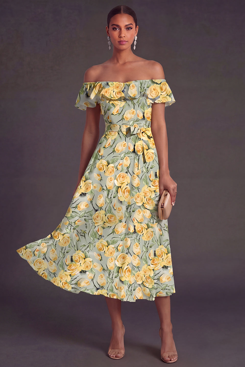 Leely Women Pink Floral A Line Long Summer Wedding Guest Dress Backless Sleeveless Off the Shoulder Garden Party Dress