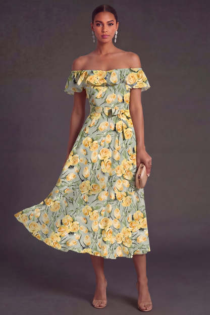 Leely Women Pink Floral A Line Long Summer Wedding Guest Dress Backless Sleeveless Off the Shoulder Garden Party Dress