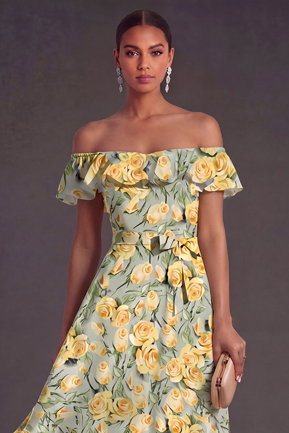 Pink Floral A Line Off the Shoulder Long Summer Wedding Guest Dress