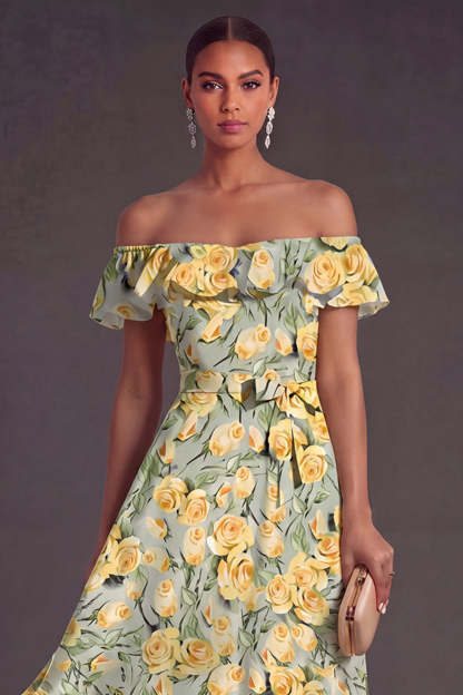 Pink Floral A Line Off the Shoulder Long Summer Wedding Guest Dress