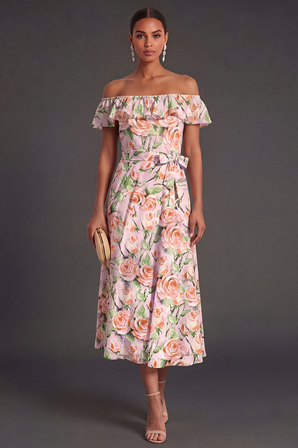 Pink Floral A Line Off the Shoulder Long Summer Wedding Guest Dress